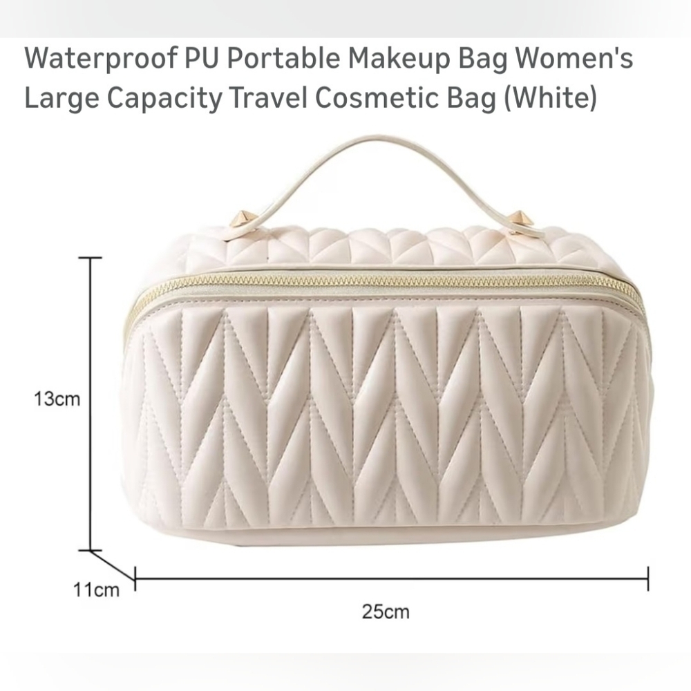 Waterproof PU Quilted Cosmetic Bag for Women - Off White